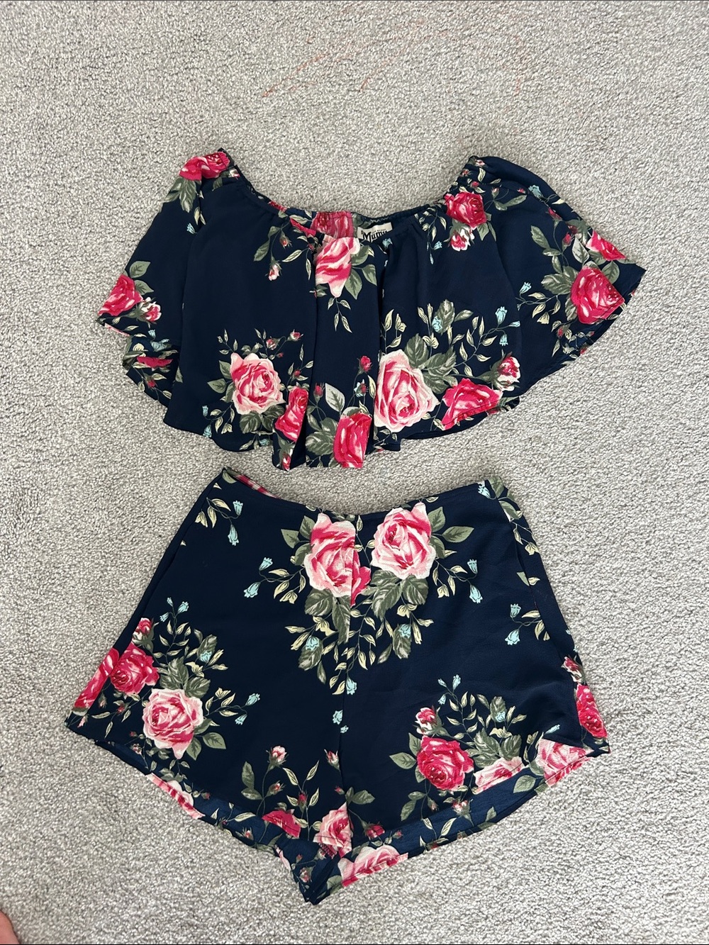 Show Me Your MuMu Navy Floral Off-Shoulder Crop Top & Shorts Set